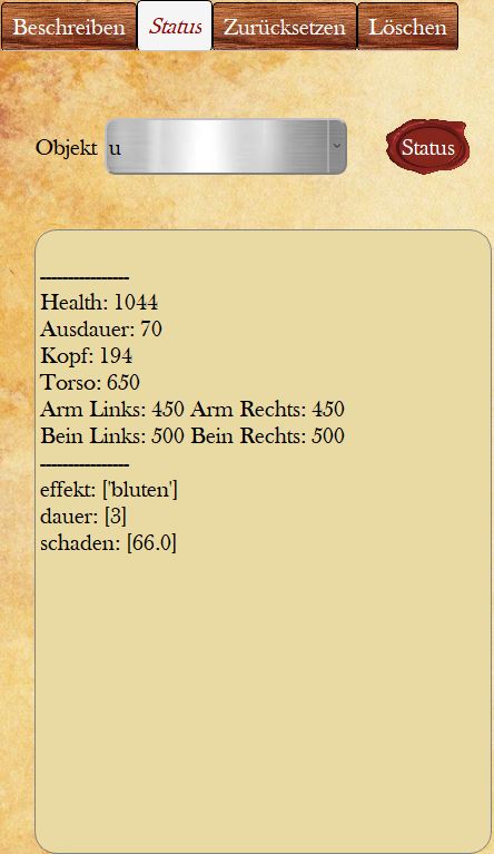 Beispiel-Status für Akteur B, der durch einen Gift-Pfeil vergiftet wurde und aus diesem Grund für neun Runden 58 Schaden pro Runde erleidet.
