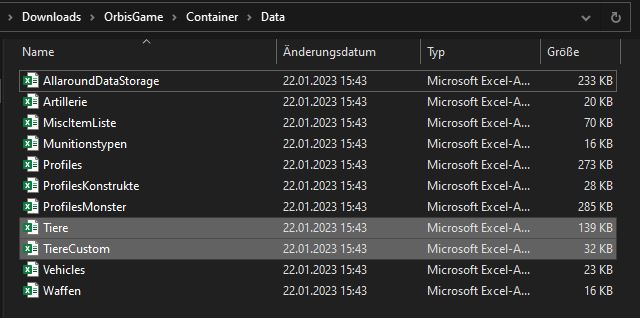 Speicherort der Excel-Dateien für Tiere.